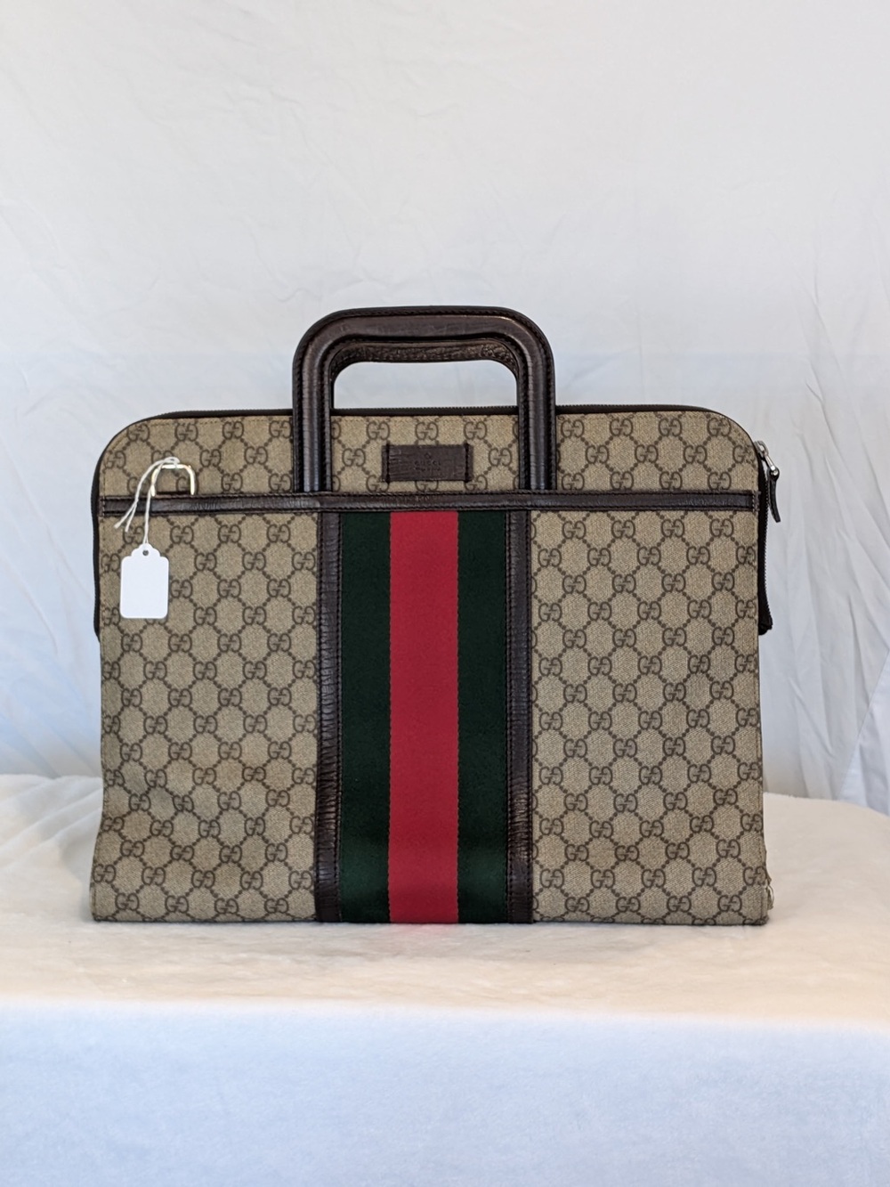 Gucci Brown Monogram Briefcase with Red & Green Web Stripe